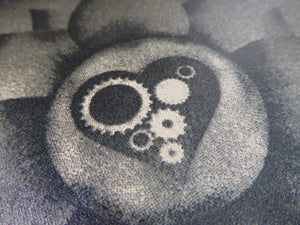 Love Heart with clock cogs detail produced with the silkscreen print process